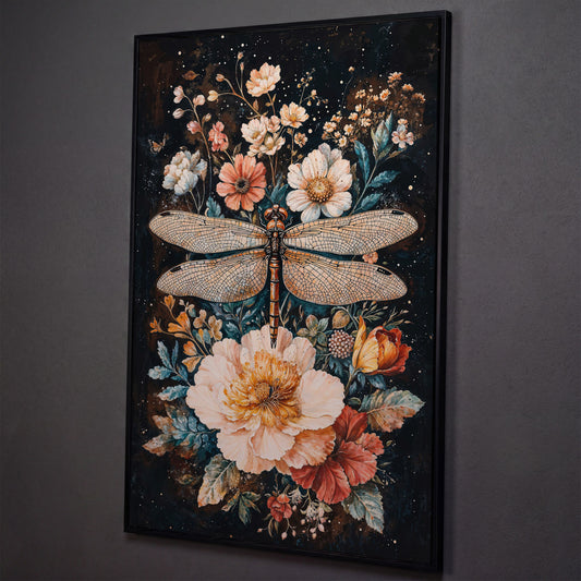 Dragonfly and Floral Fantasy Canvas shown in black floating frame