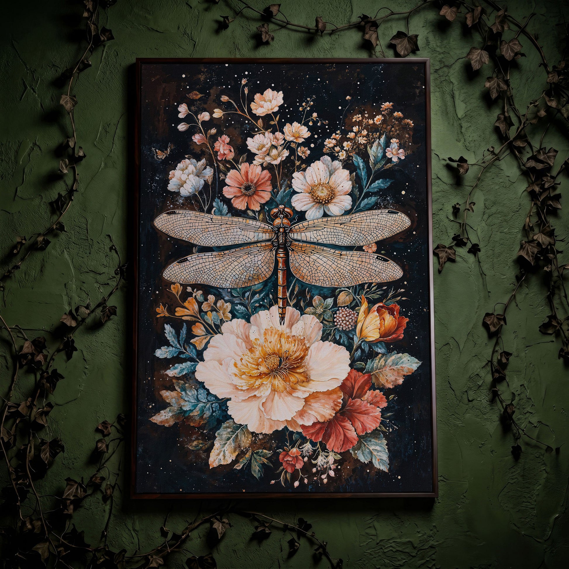 Dragonfly and Floral Fantasy Canvas in dark walnut floating frame