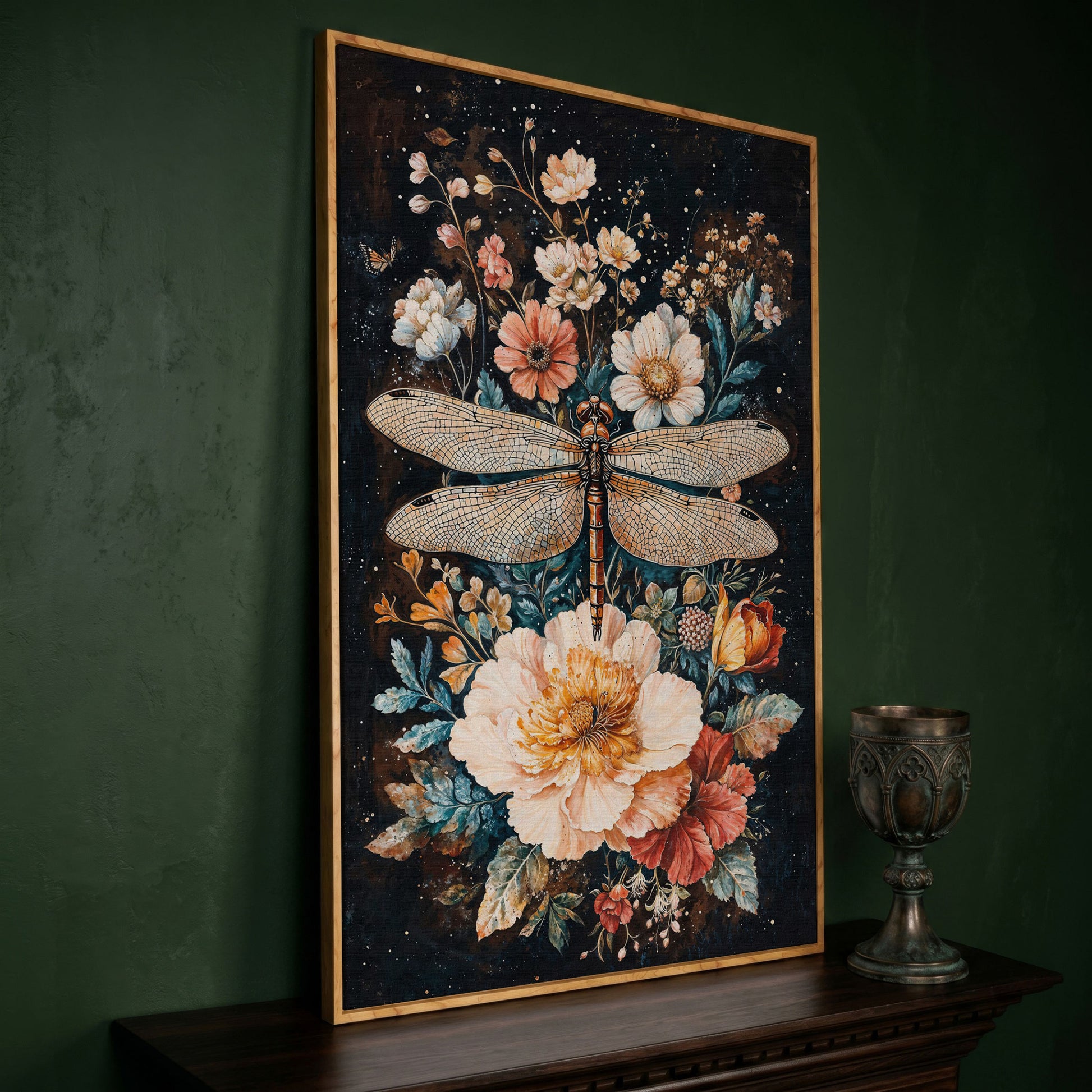 Dragonfly and Floral Fantasy Canvas in white oak floating frame