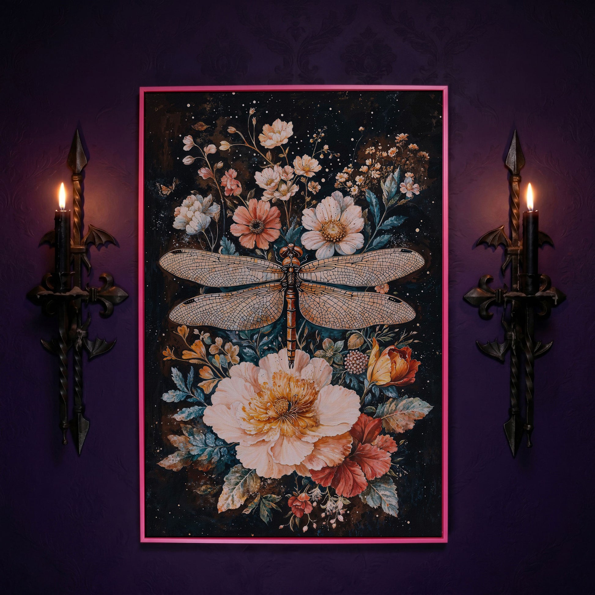 Dragonfly and Floral Fantasy Canvas in pink floating frame
