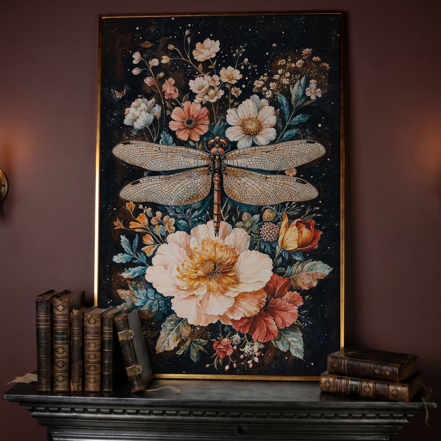 Dragonfly and Floral Fantasy Canvas in rose gold floating frame