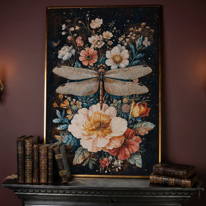 Dragonfly and Floral Fantasy Canvas in rose gold floating frame