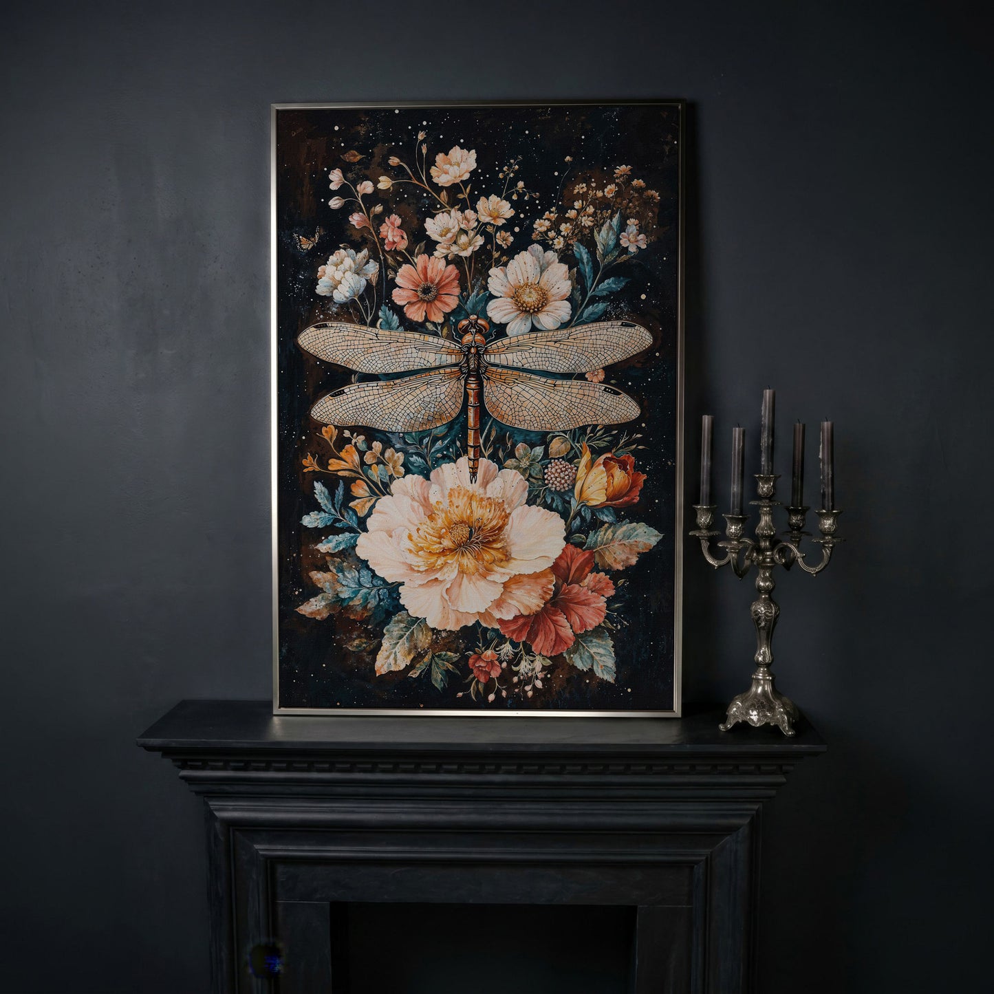 Dragonfly and Floral Fantasy Canvas in silver floating frame