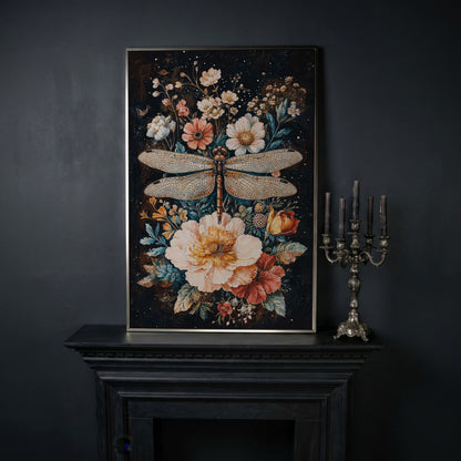Dragonfly and Floral Fantasy Canvas in silver floating frame