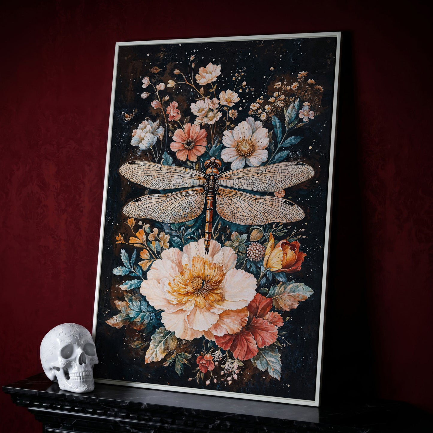 Dragonfly and Floral Fantasy Canvas in white floating frame