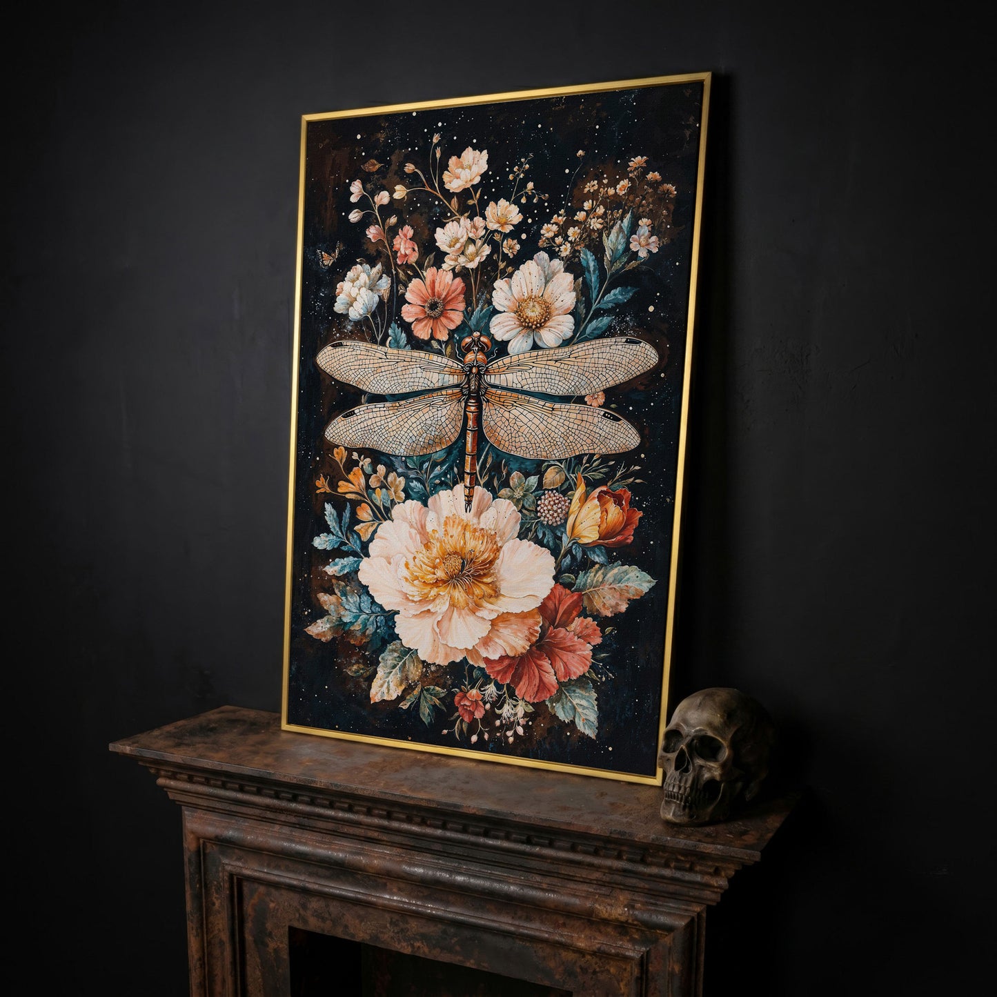 Dragonfly and Floral Fantasy Canvas in yellow gold floating frame