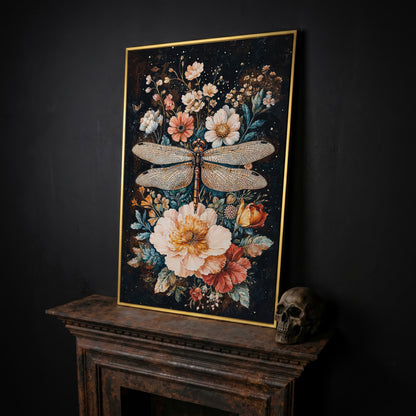 Dragonfly and Floral Fantasy Canvas in yellow gold floating frame
