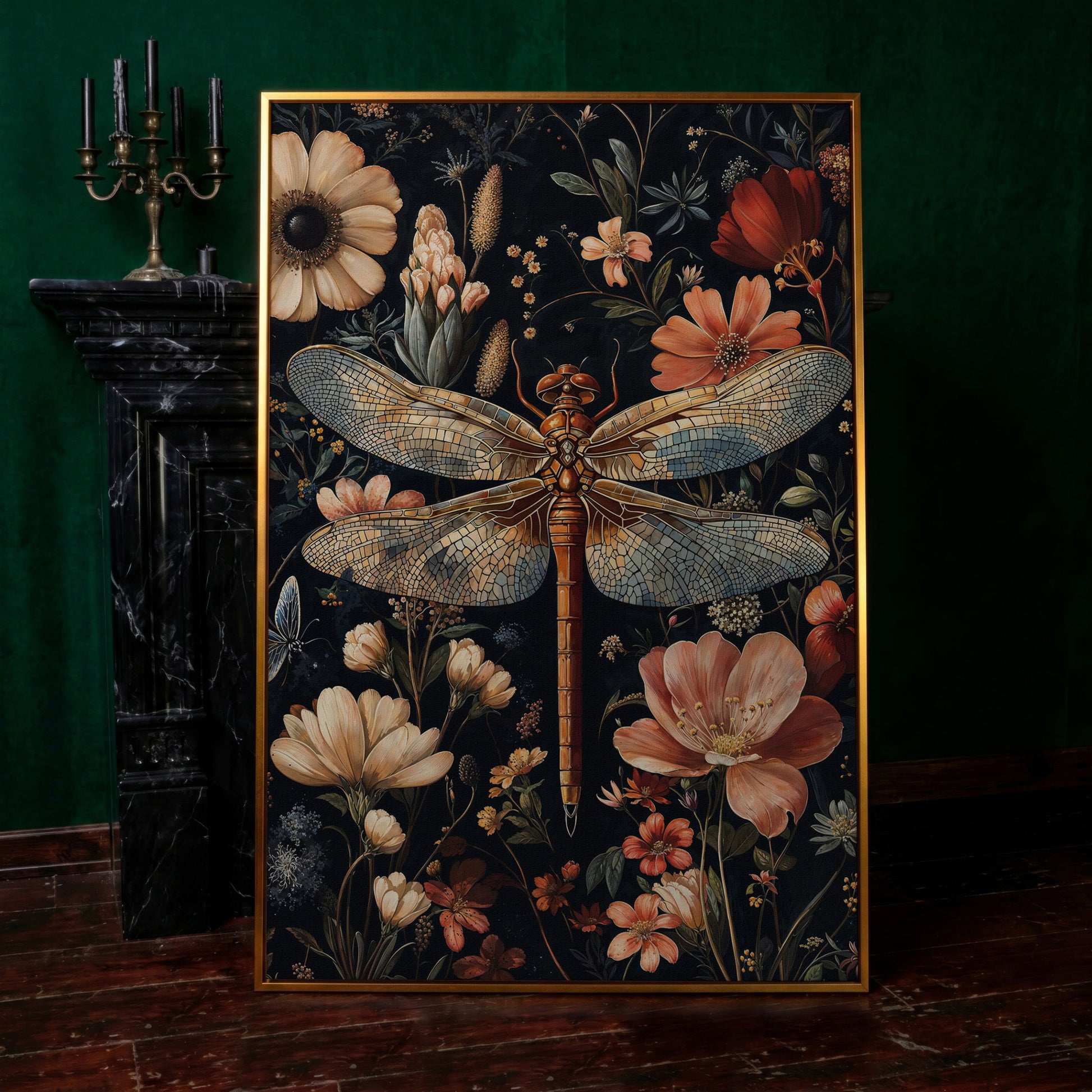 Dragonfly and Floral Canvas Print in antique gold floating frame