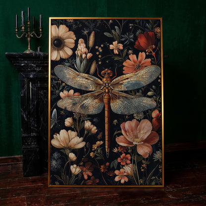 Dragonfly and Floral Canvas Print in antique gold floating frame