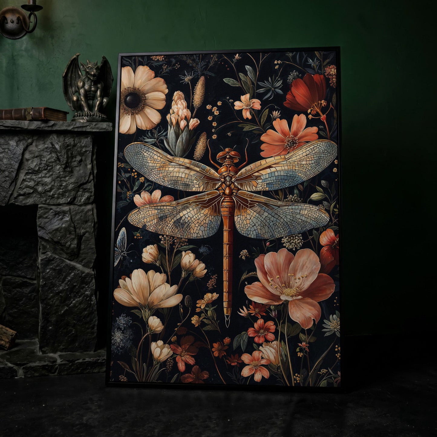Dragonfly and Floral Canvas Print in black floating frame