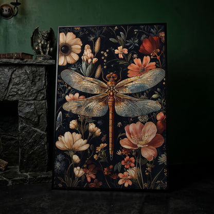 Dragonfly and Floral Canvas Print in black floating frame