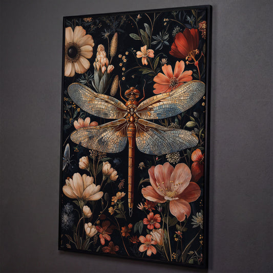 Dragonfly and Floral Canvas Print shown in black floating frame