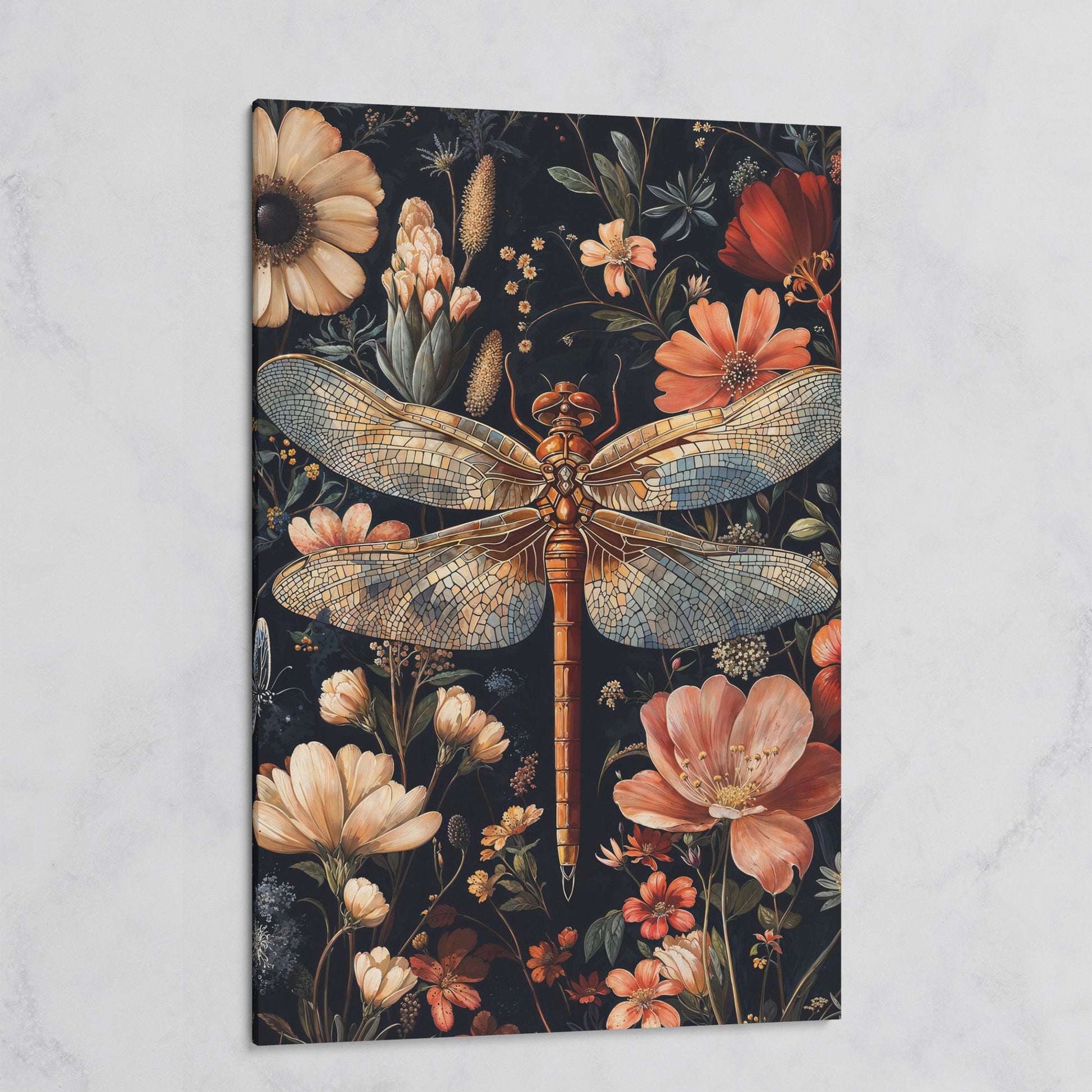 Dragonfly and Floral Canvas Print on gallery wrap