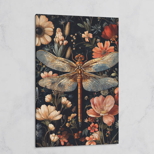 Dragonfly and Floral Canvas Print on gallery wrap