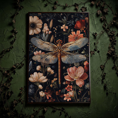 Dragonfly and Floral Canvas Print in dark walnut floating frame