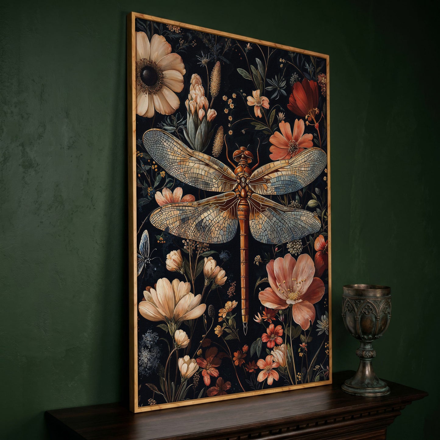 Dragonfly and Floral Canvas Print in white oak floating frame