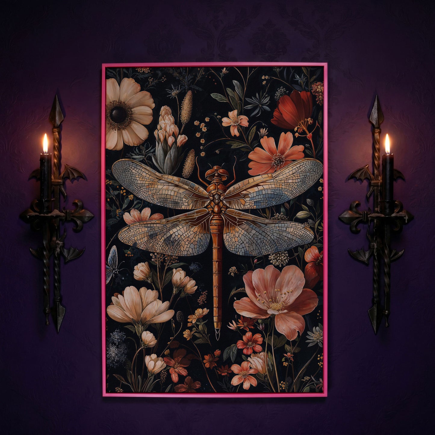 Dragonfly and Floral Canvas Print in pink floating frame