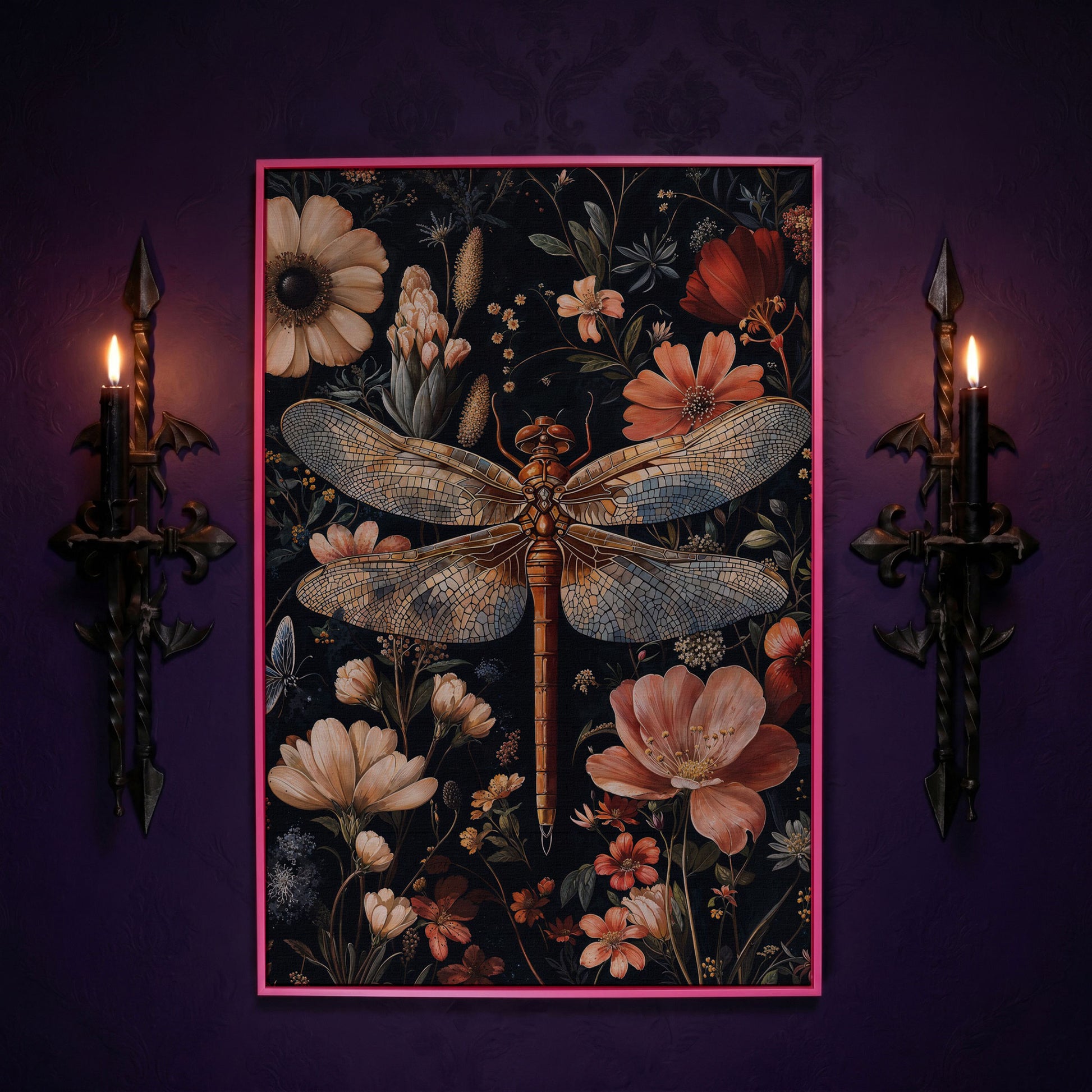 Dragonfly and Floral Canvas Print in pink floating frame