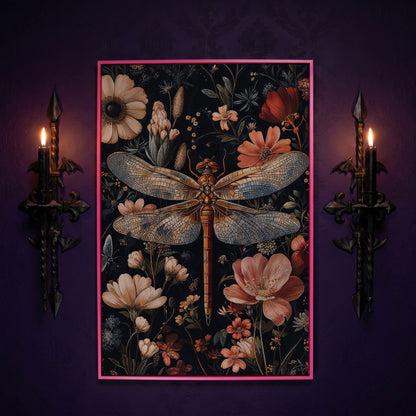 Dragonfly and Floral Canvas Print in pink floating frame