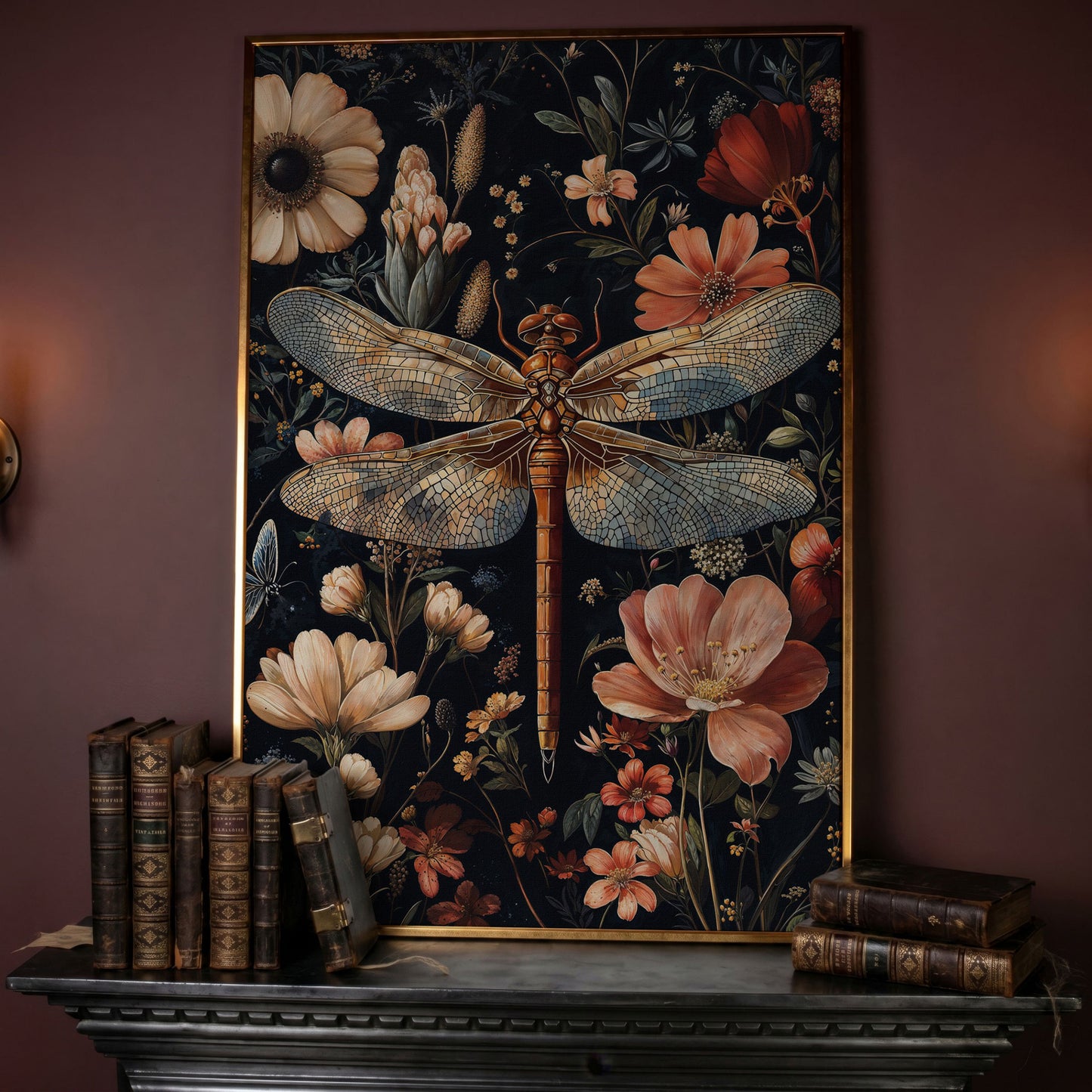 Dragonfly and Floral Canvas Print in rose gold floating frame