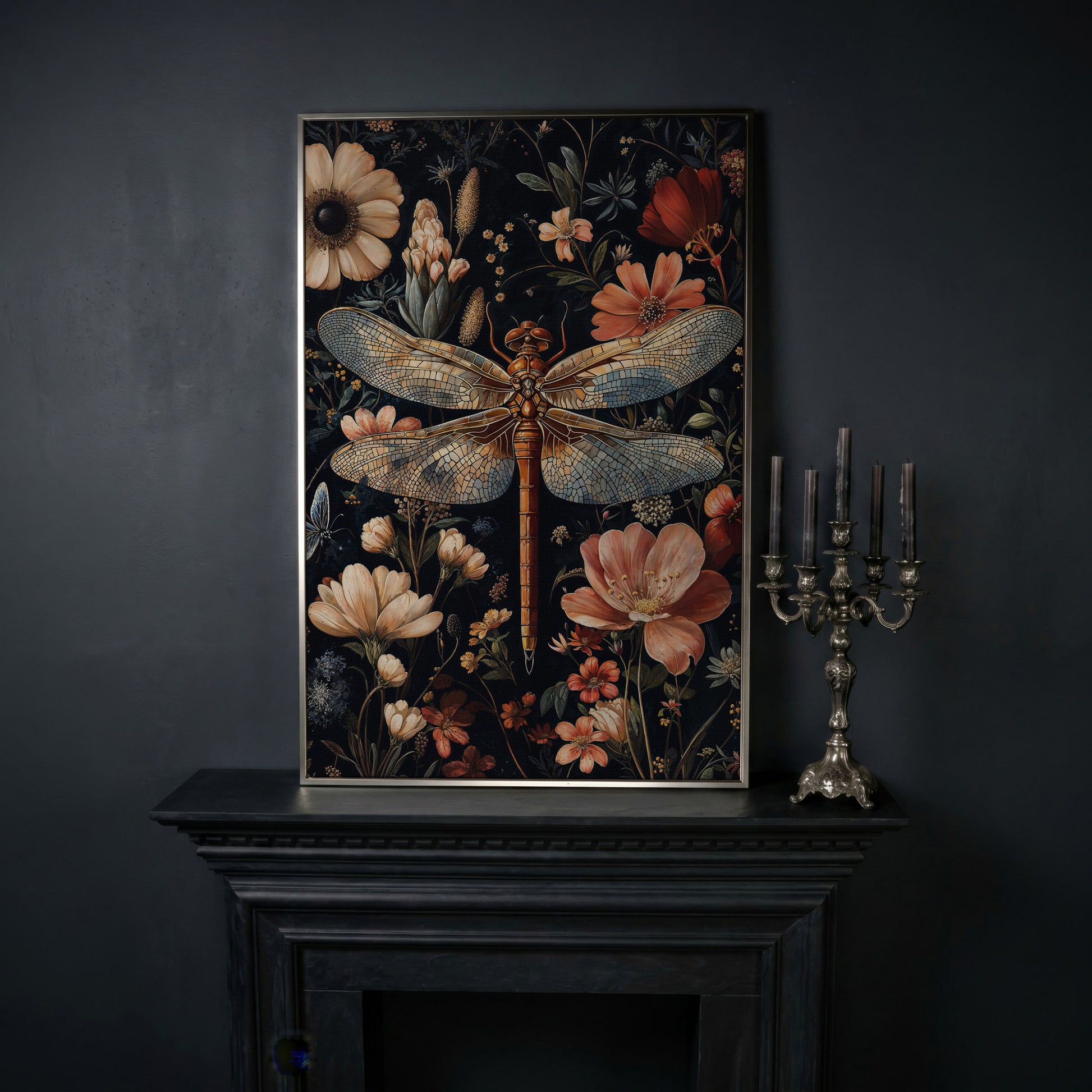 Dragonfly and Floral Canvas Print in silver floating frame