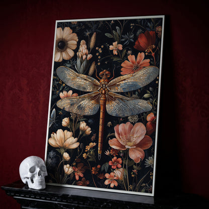 Dragonfly and Floral Canvas Print in white floating frame