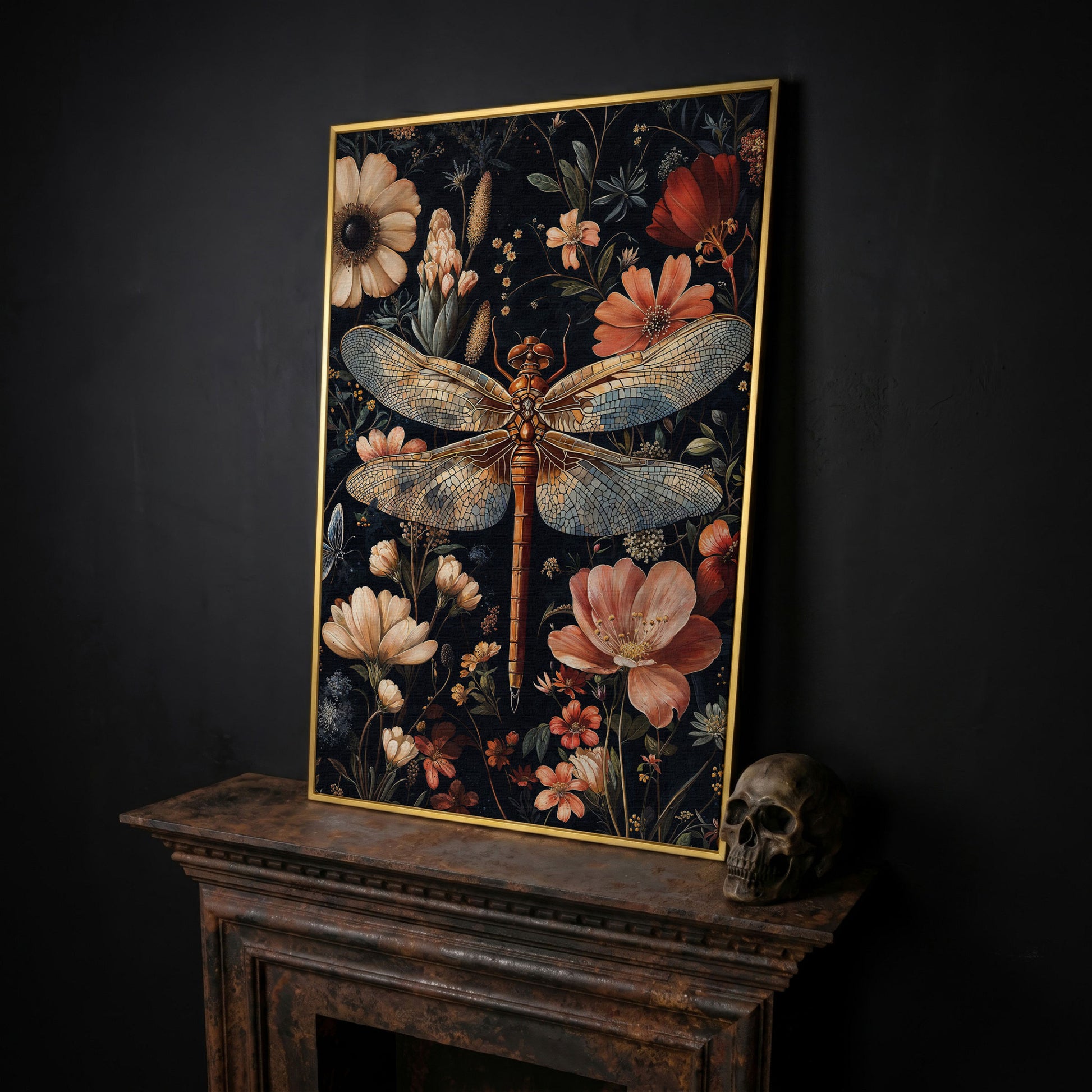 Dragonfly and Floral Canvas Print in yellow gold floating frame