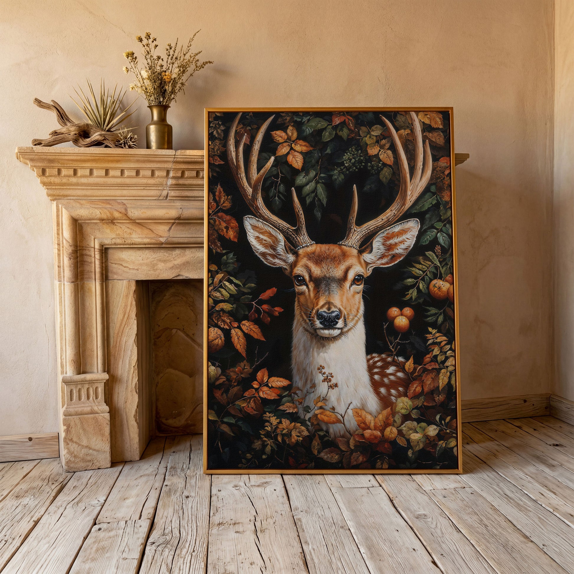 Deer in Autumn Foliage Canvas Wall Art in antique gold floating frame