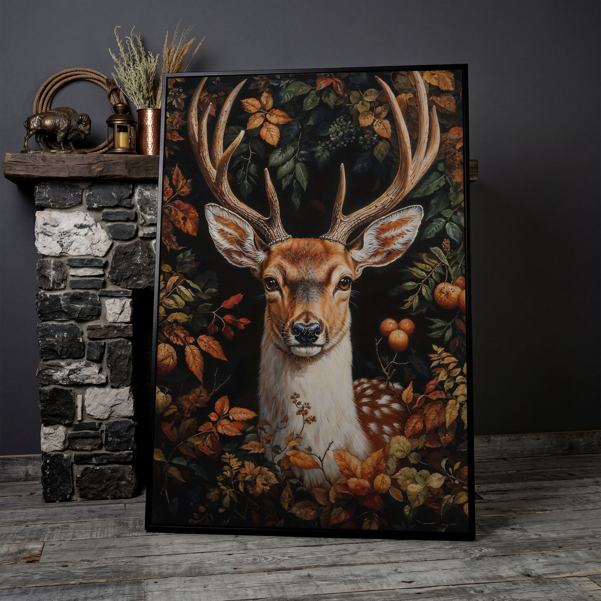 Deer in Autumn Foliage Canvas Wall Art in black floating frame
