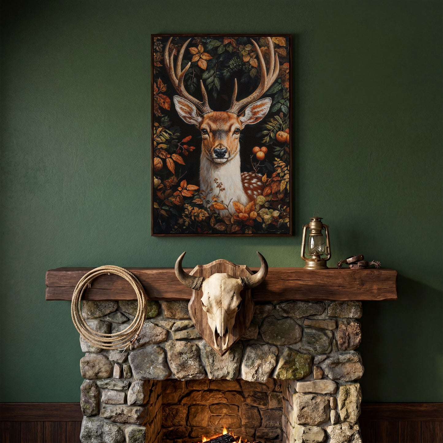 Deer in Autumn Foliage Canvas Wall Art in dark walnut floating frame