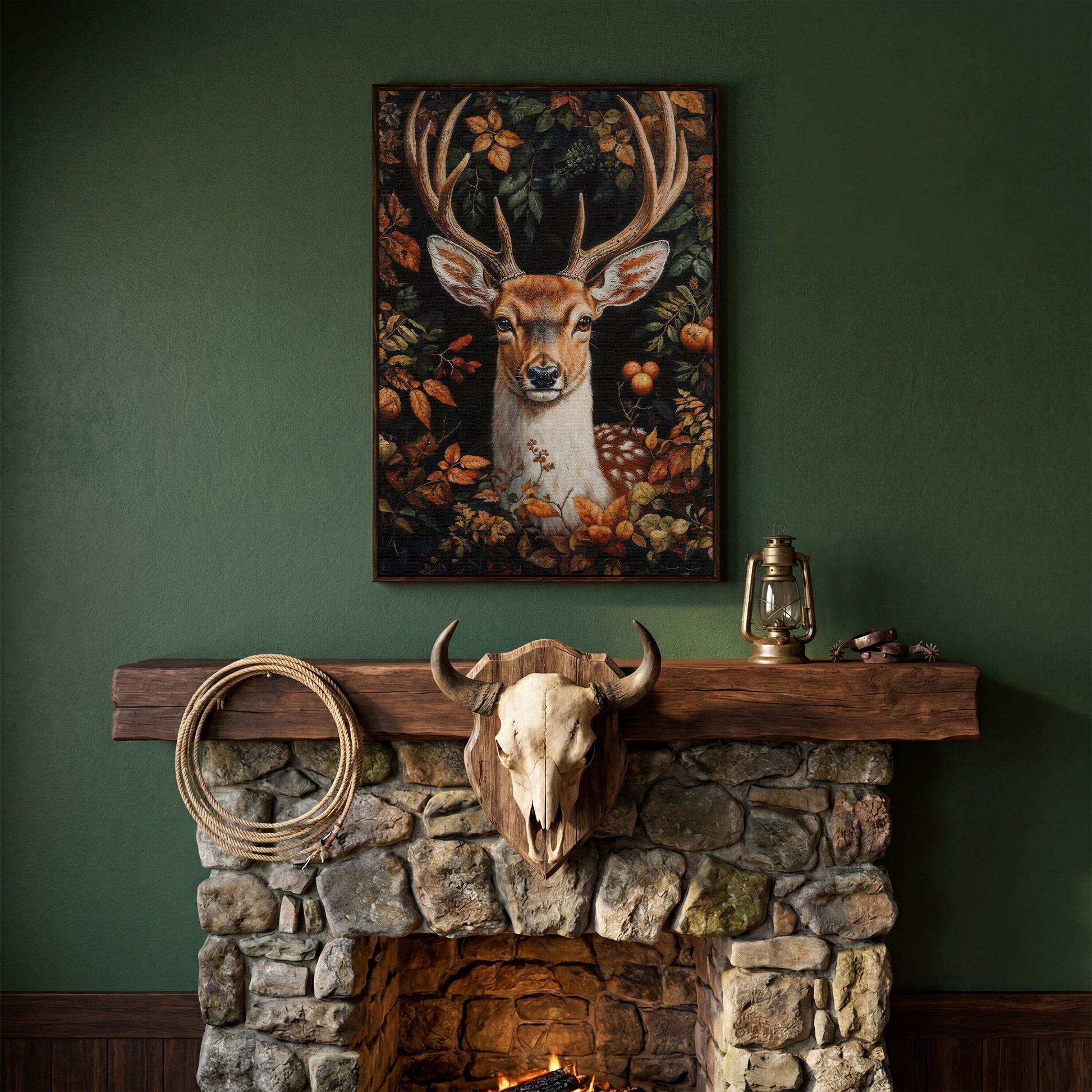 Deer in Autumn Foliage Canvas Wall Art in dark walnut floating frame