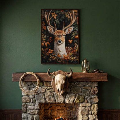 Deer in Autumn Foliage Canvas Wall Art in dark walnut floating frame