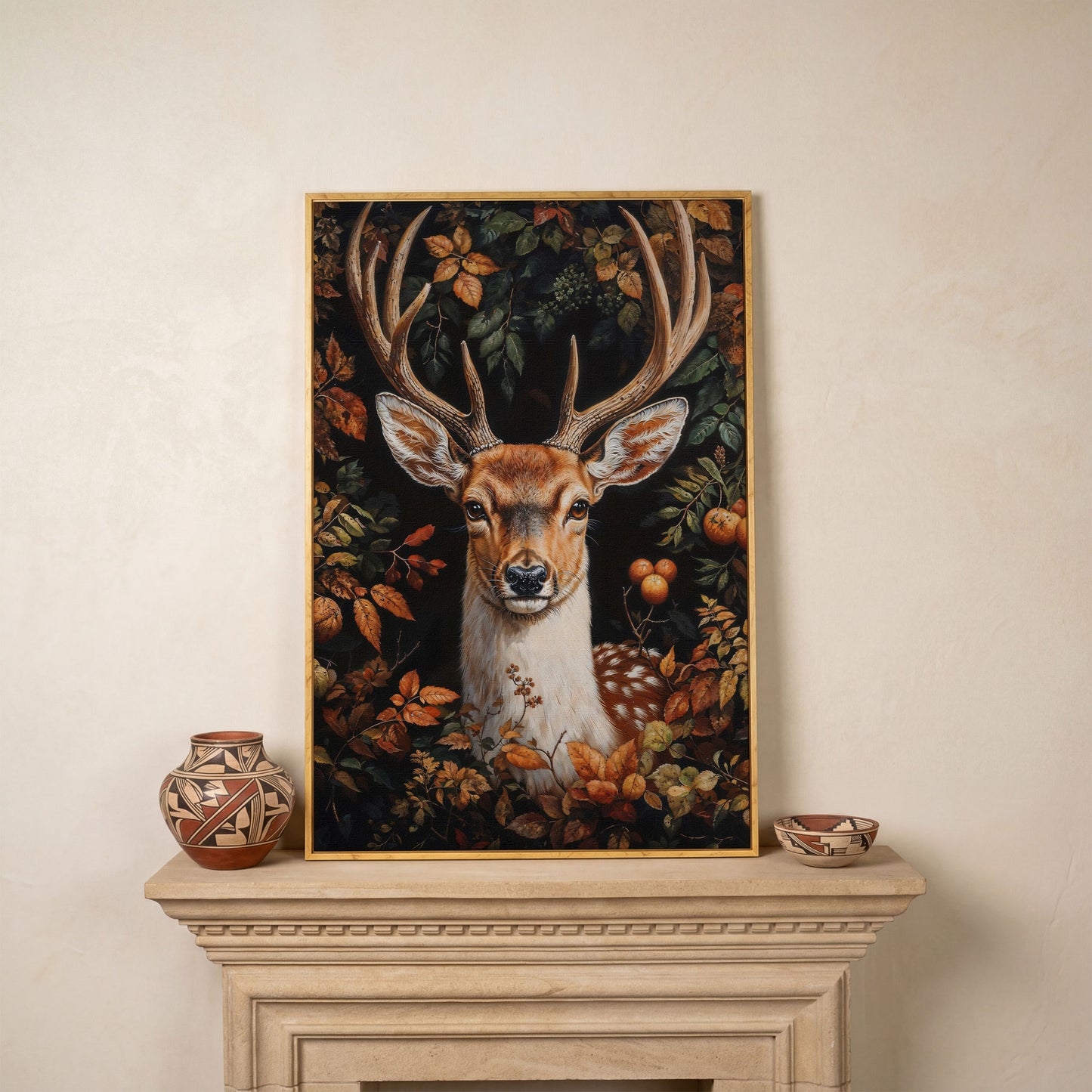 Deer in Autumn Foliage Canvas Wall Art in white oak floating frame