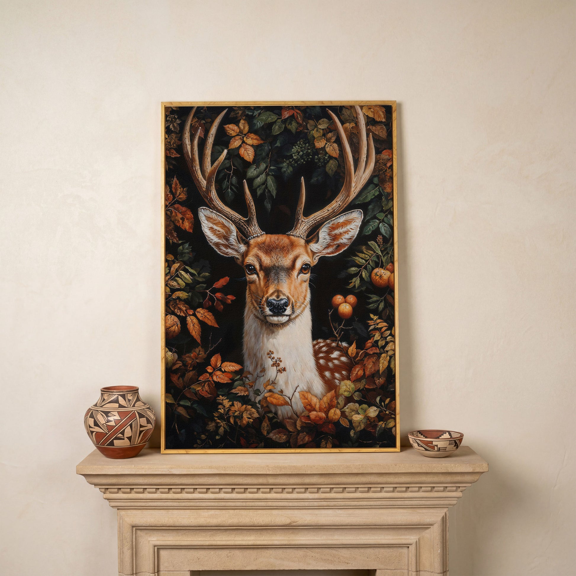 Deer in Autumn Foliage Canvas Wall Art in white oak floating frame