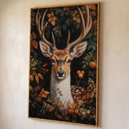 Deer in Autumn Foliage Canvas Wall Art shown in white oak floating frame