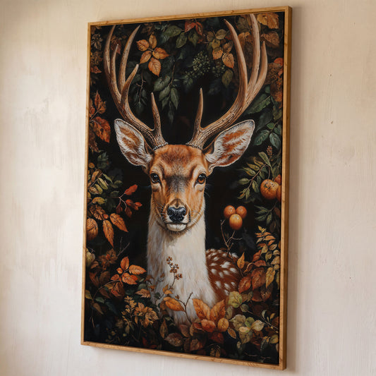 Deer in Autumn Foliage Canvas Wall Art shown in white oak floating frame