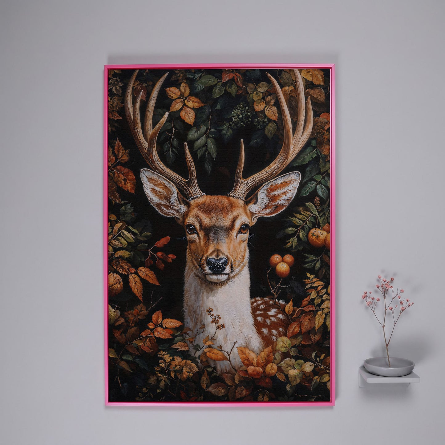 Deer in Autumn Foliage Canvas Wall Art in pink floating frame