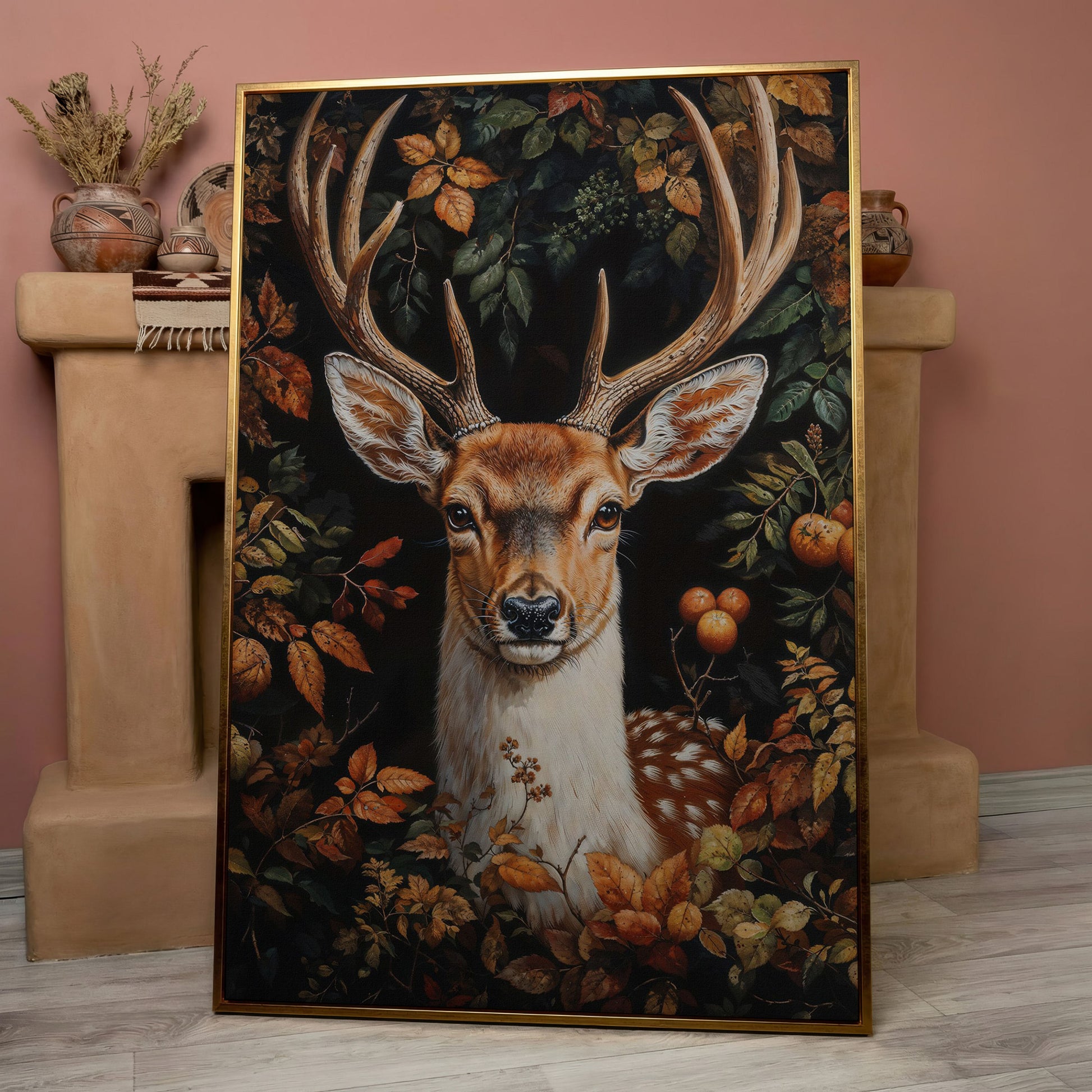Deer in Autumn Foliage Canvas Wall Art in rose gold floating frame