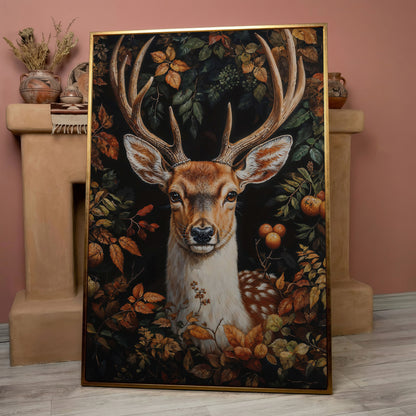 Deer in Autumn Foliage Canvas Wall Art in rose gold floating frame