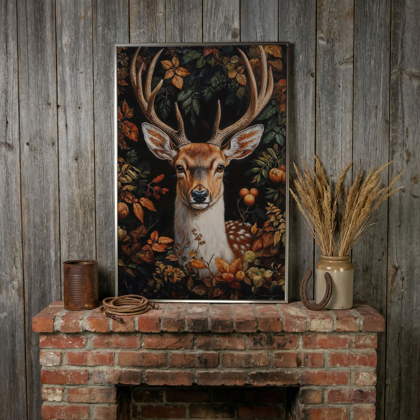 Deer in Autumn Foliage Canvas Wall Art in silver floating frame