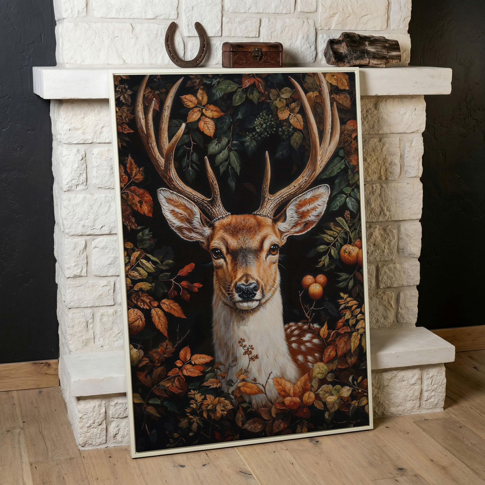 Deer in Autumn Foliage Canvas Wall Art in white floating frame