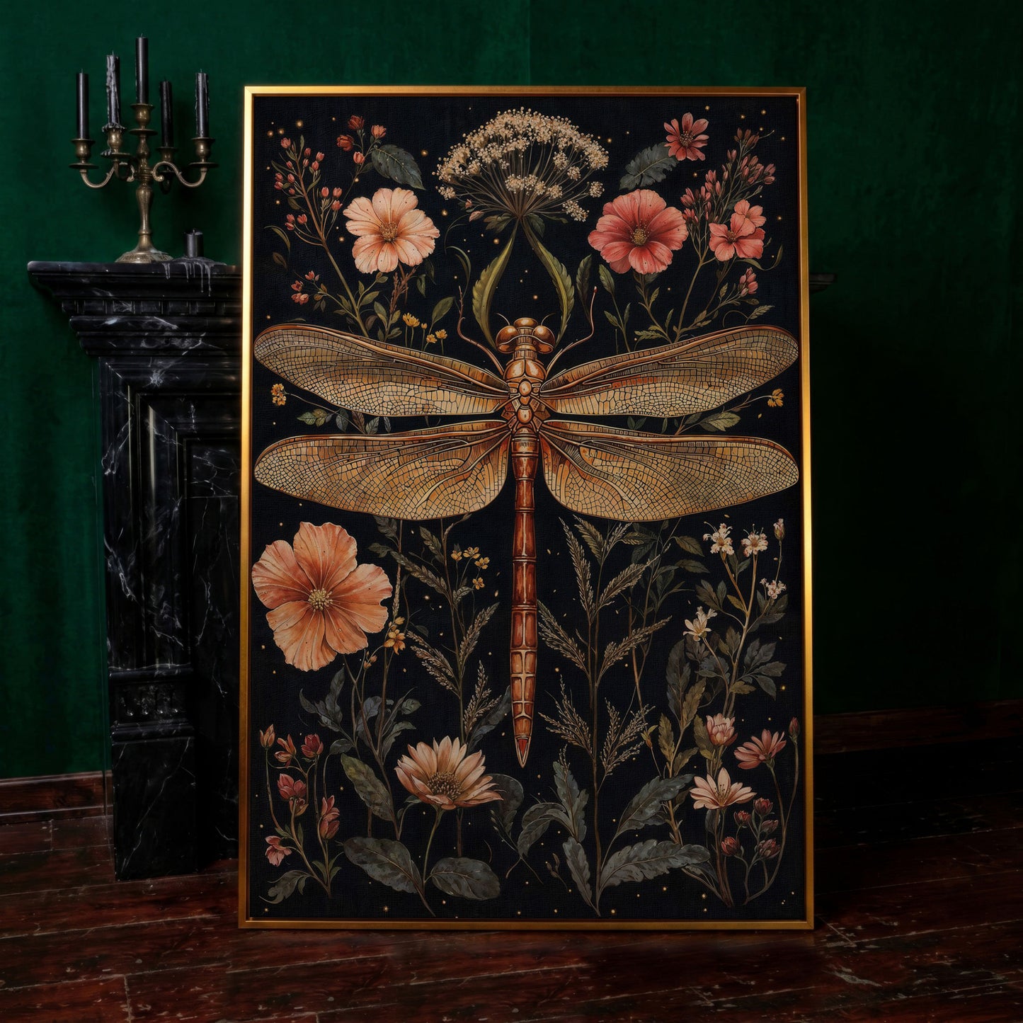 Dragonfly and Floral Botanical Canvas in antique gold floating frame