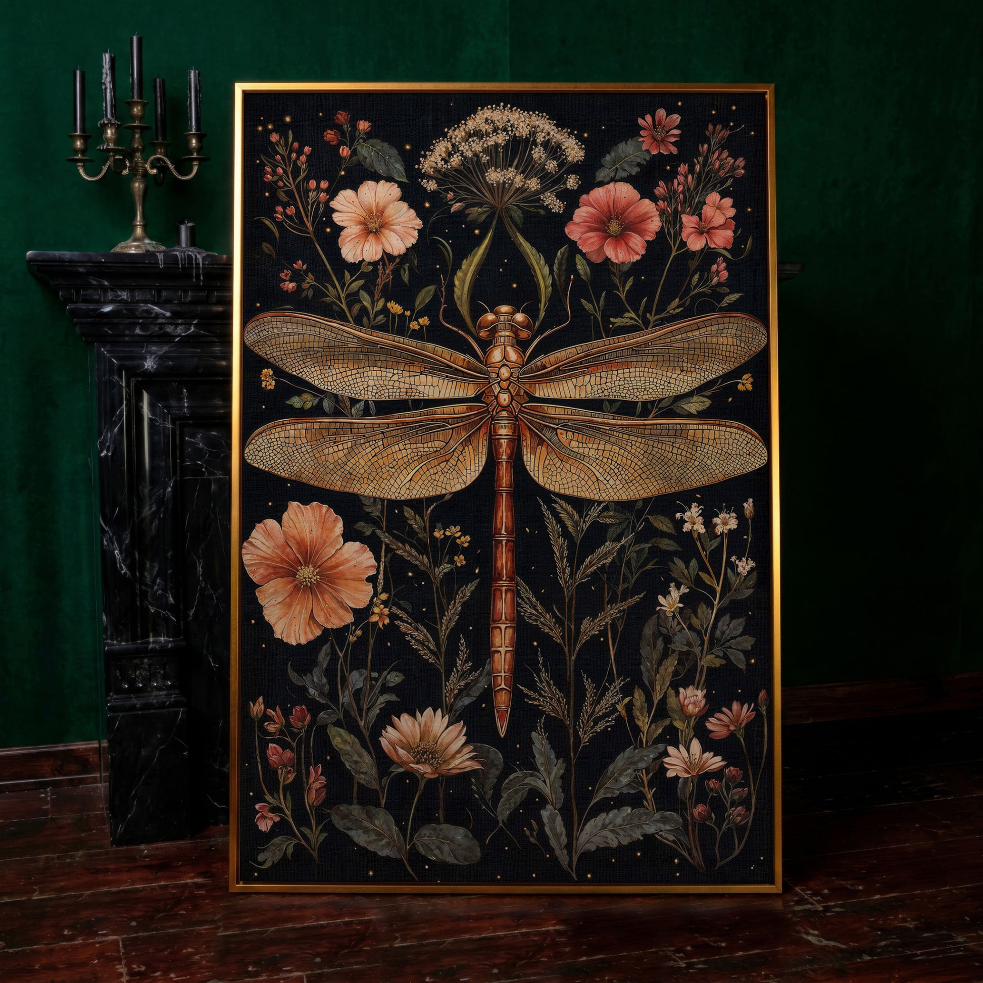 Dragonfly and Floral Botanical Canvas in antique gold floating frame