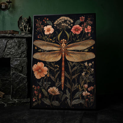 Dragonfly and Floral Botanical Canvas in black floating frame