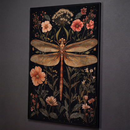 Dragonfly and Floral Botanical Canvas shown in black floating frame