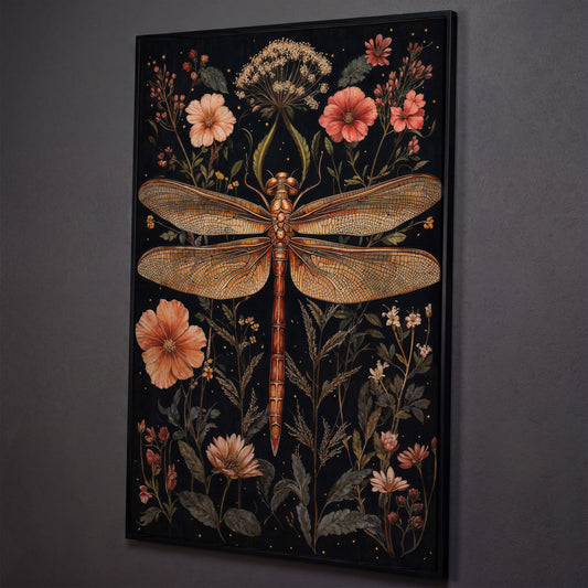 Dragonfly and Floral Botanical Canvas shown in black floating frame