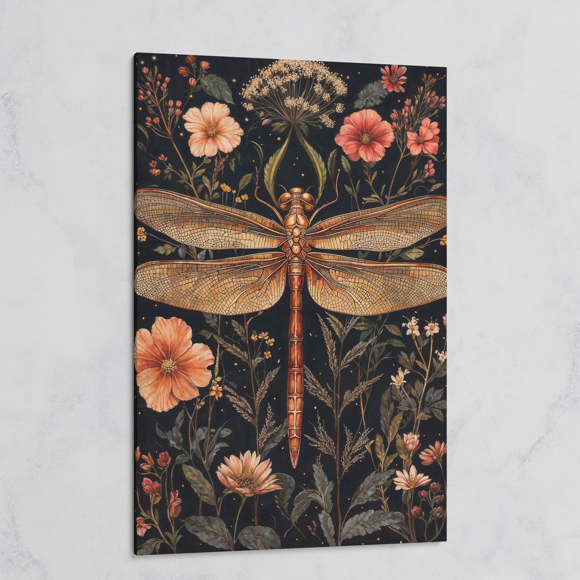 Dragonfly and Floral Botanical Canvas on gallery wrap