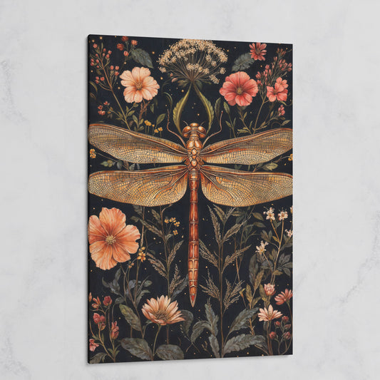 Dragonfly and Floral Botanical Canvas on gallery wrap
