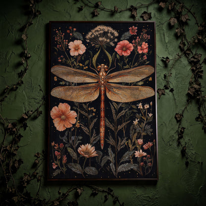 Dragonfly and Floral Botanical Canvas in dark walnut floating frame
