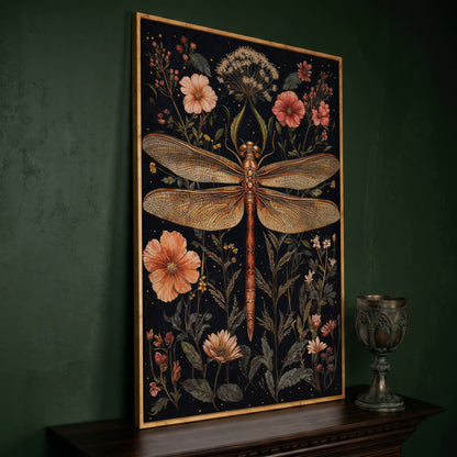 Dragonfly and Floral Botanical Canvas in white oak floating frame